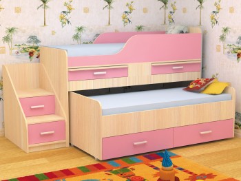 Кровать детская Лесики двухместная 1.8  Дуб молочный/Розовый в Зелёном Бору - zelyonyj-bor.mebel54.com | фото
