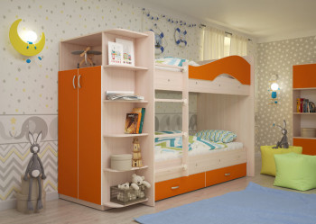 Кровать Мая двухъярусная с ящиками и шкафом Млечный дуб/Оранжевый в Зелёном Бору - zelyonyj-bor.mebel54.com | фото