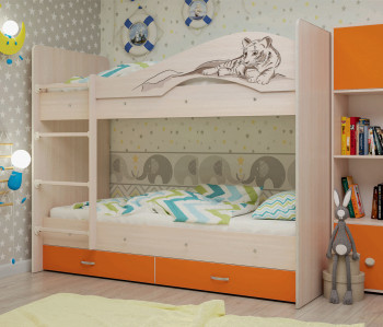 Кровать Мая-Сафари двухъярусная с ящикамиМлечный дуб/Оранжевый в Зелёном Бору - zelyonyj-bor.mebel54.com | фото